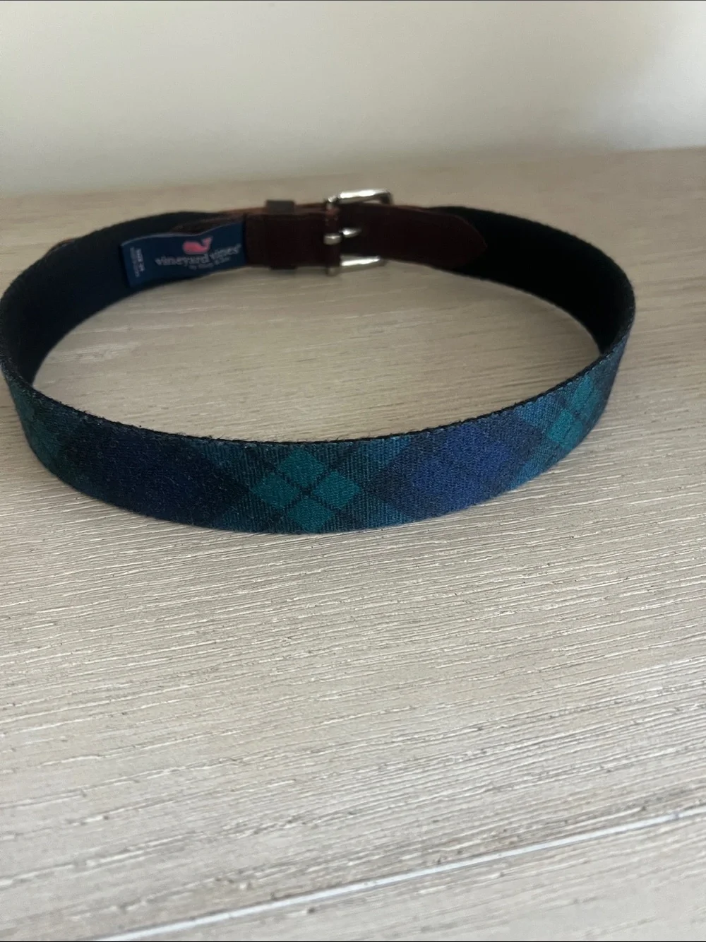 Boys, Vinyard Vines, navy and green plaid belt size 24 brown leather